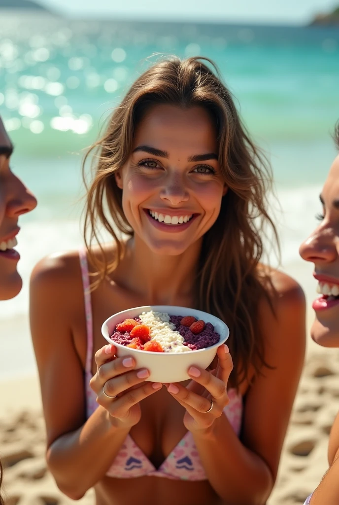 Woman aged 25 to 35, On the beach brown eye eating açaí , with friends Ultra HD, high qualiy, best qualityer, high resolution, 8k, 16K