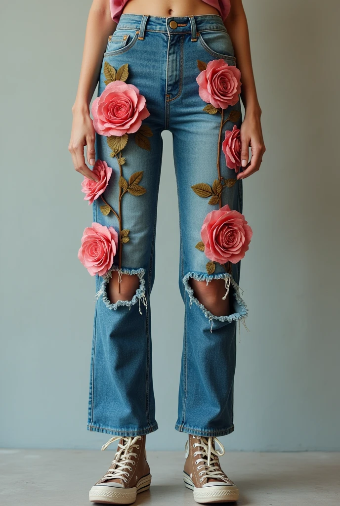 Jeans pants on the front with 3d roses only the roses in canvas colored women's jeans with a rose on the pocket part