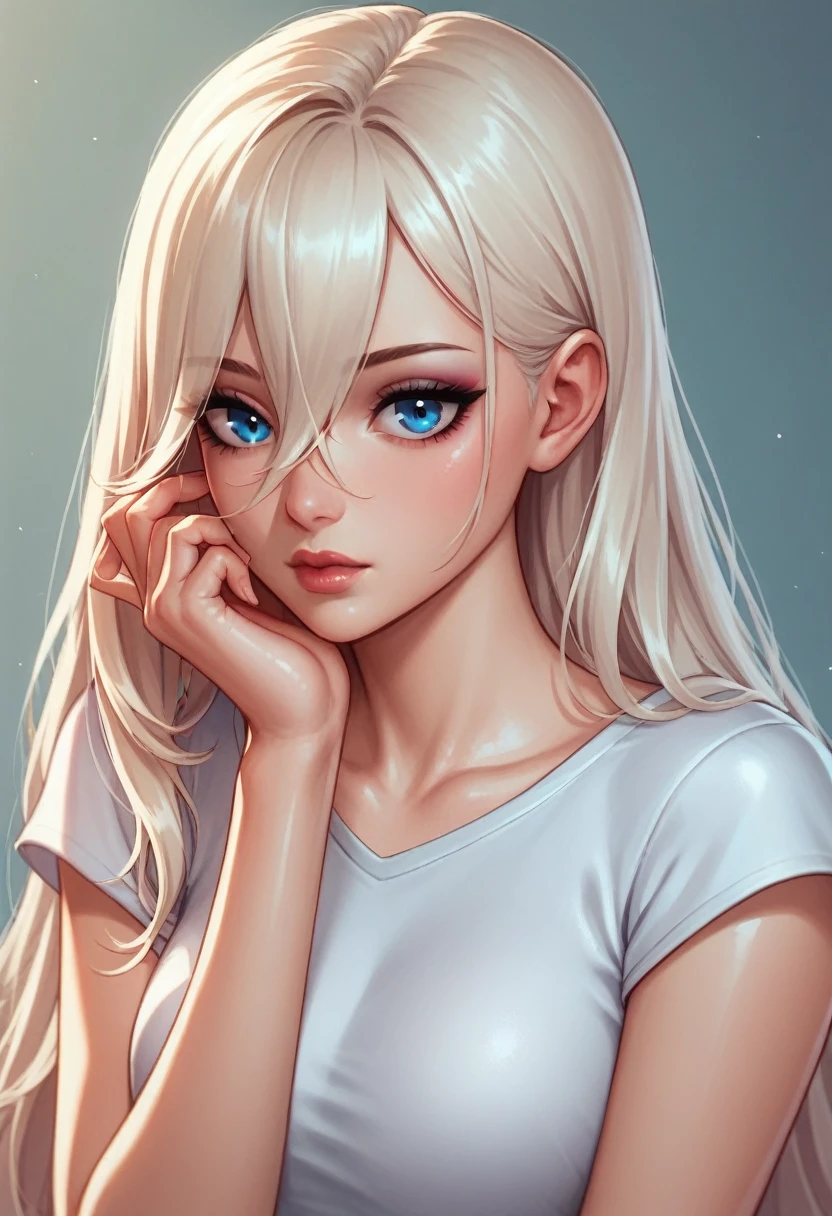 Unparalleled beauty, shiny shiny firm and shiny skin, bangs between eyes, shiny straight beautiful platinum blonde, super long straight silky hair, eyeliner, sexy beautiful innocent 23 years old, high definition big big beautiful bright blue eyes, beautiful and lovely girl, , short sleeve shirt