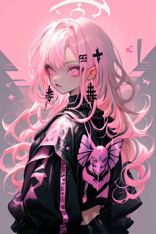 Lower style, 1 Girl, Solitary, Long hair, Looking at the audience, Eye glowing background, Jewelry, Shut up, jacket, Upper Body, Pink Hair, earrings, Pink Eyes, necklace, from the side, sweater, Lips, eyelash, cosmetic, curls, punching, cross, Lipstick, ear punching, Eyeshadow, hoop earrings, pink Lips, Colorful eyes, Pink Theme, , pink Eyeshadow,Background Butterfly Wild Wolf