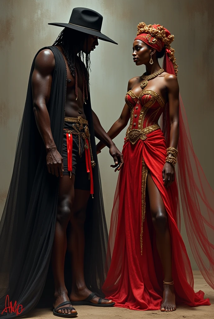 Exu Tiriri and Gypsy Pomba Gira.
Exú Tiriri with black clothes and red details, with a black hat. 
Pomba Gira Cigana with a red skirt with gold details, with a red corset with gold details, with a headscarf with golden flowers.
