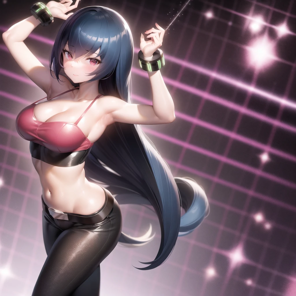 sabrina_(pokemon), 1girl, telekinesis, solo, crop_top, pants, black_hair, long_hair, red_eyes, shoes, cleavage, pink_footwear, jewelry, bangs, looking_at_viewer, ass, white_pants, belt, midriff, bracelet, shirt, collarbone, camisole, hands_up, bare_shoulders,  good anatomy, maturewoman, sexy