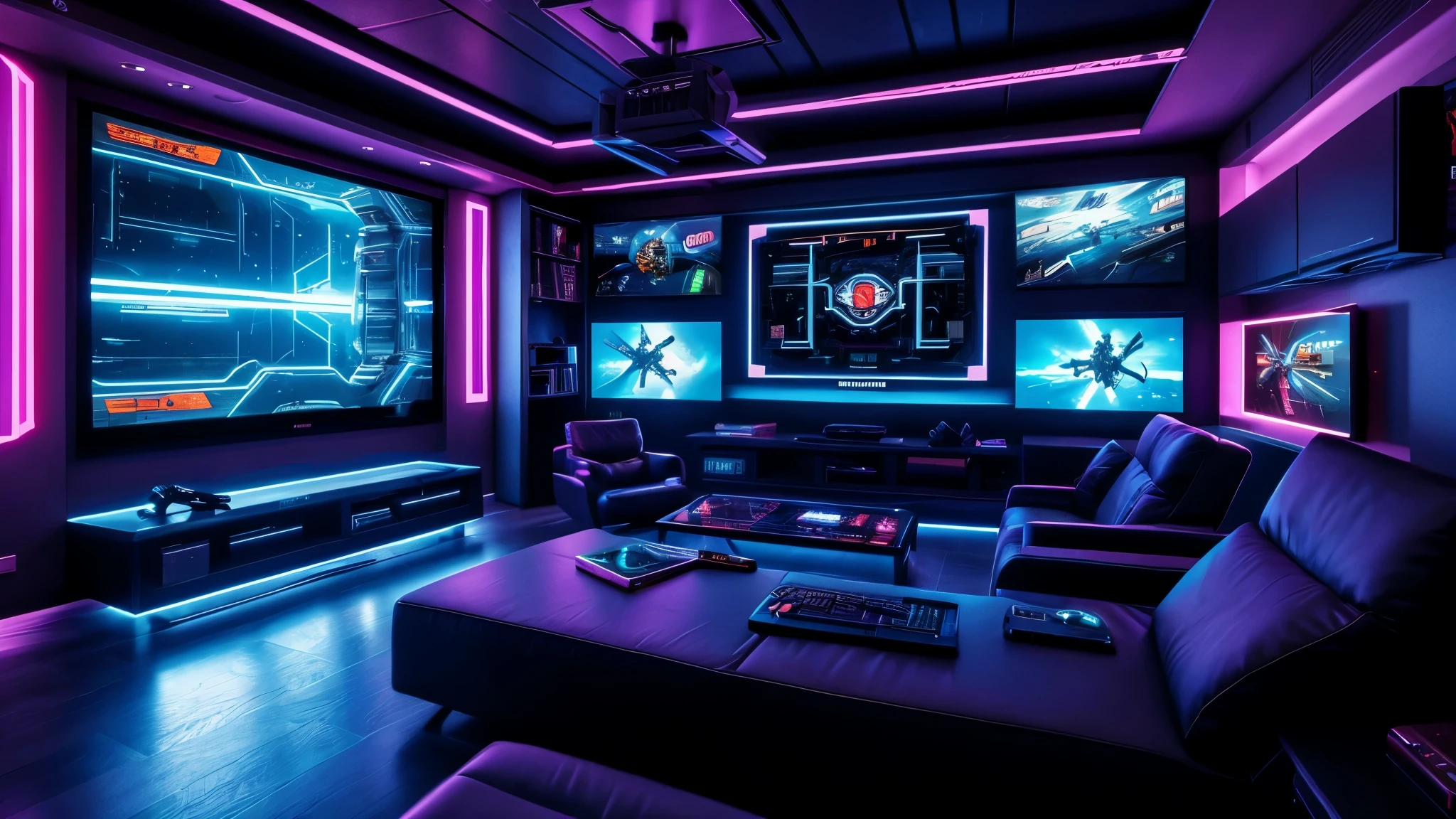 scifi, cyberpunk, futuristic, gaming room, hightech, daylight, cozy, much space, wide angle, a lot of tech, ambient light, year 2124, cinematic
