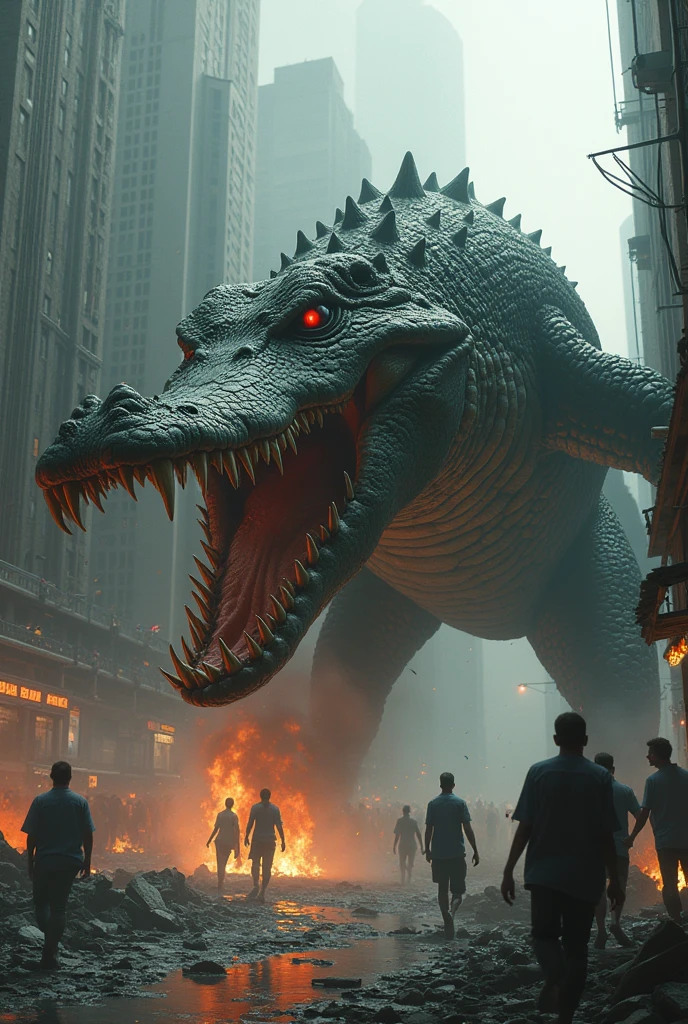Scary ferocious and giant crocodile loose in the city with demonic appearance devouring a person. 