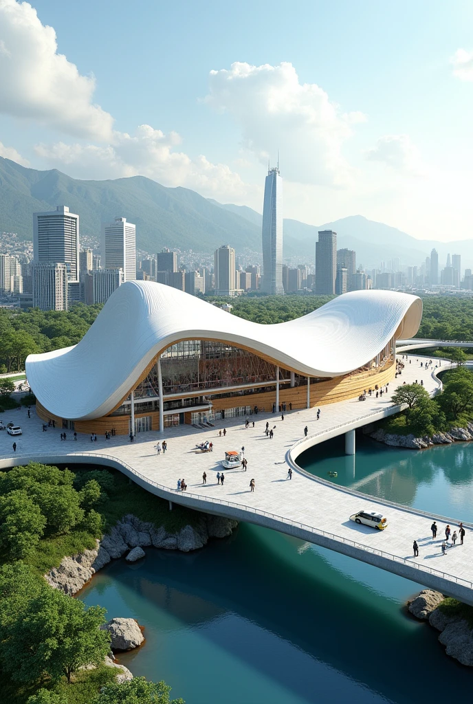 A 3D rendering of a bus terminal, with some detail that reminds of canoe and waves in its design