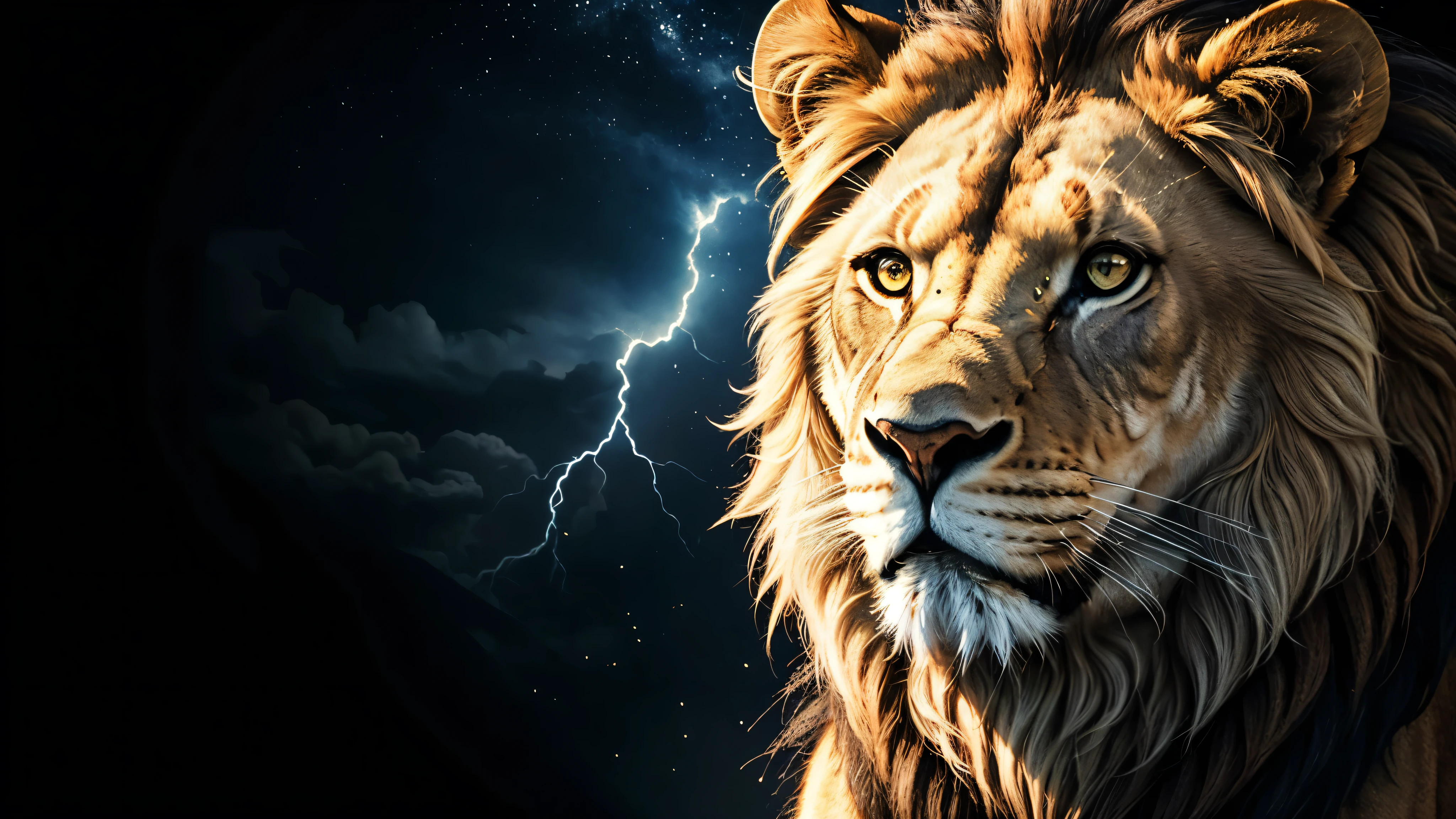Lion, Divine Lion, naturals, naturals, ferocious, masculine, mighty, golden lion, Powerful Lion, beautiful nature, Great Realistic Lion, FullHD 8k, Light of sky, sunset night, Clear sky Sun, golden black, black andwhite, black and gold, detailed realistic face, 8k Detailed Realistic White Lion, ultrarealistic 8k |Energia de thunder realista detalhada, Strong Creature realista detalhada, Strong Creature, Lion macho, Rendering, Fotorrealista 8k, UltraHD Alta definição 8k, Detailed Realistic 16K, Nitidez Fotorrealista 8k, 16K photorealistic textures, Contraste Fotorrealista 8k, Sombras Fotorrealistas 8k, Luzes Fotorrealistas 8k, Detailed Realistic Sunset, Detailed Realistic Lion Face, Detailed realistic light, detailed textures, thunder, detailed shadows, detailed colors, Celestial Electricity, Golden thunder, Lion realista, Ultra Realistic 16K, Realistic 16K, Realistic 16K sharpness, 16K photorealistic textures, 16K realistic colors, powerful creature, Majestic power, Power of Heaven, Great Divine, detailed contrast, realistic contrast, high resolution, detailed colors, fire, villany, divine creature, 8k, realistic detailed, 16K, 8k, High definition, detailed contrast, realistic contrast, high resolution, detailed colors, fire, villany, divine creature, realistic detailed, chic, posh