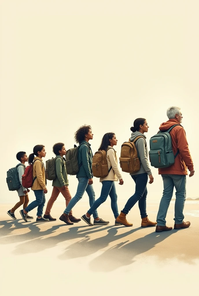 Stages of life, all people with backpacks on their backs, drawning  
