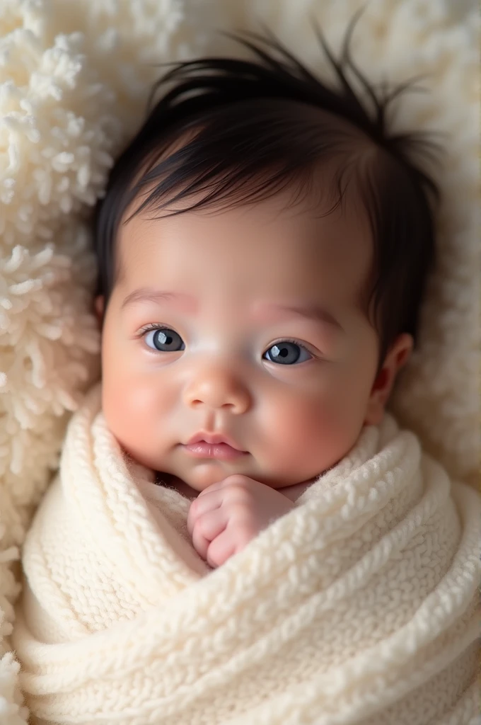 A newborn baby girl with black hair and blue eyes. 2 weeks old