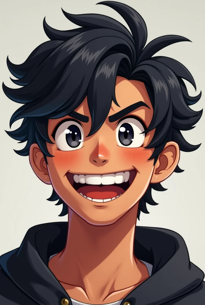 Make a character for a gaming channel. This character has a skin color between white and light brown. His hair is black and a little disheveled. He transmits confidence and joy on his face., His eye color is dark and his fangs stand out in his smile