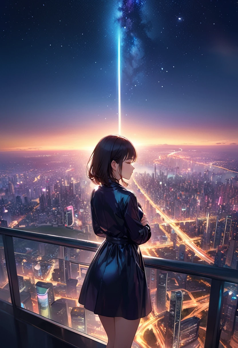 Highest quality、High resolution、Detailed Background、Beautiful women in their 20s、Perfect body line、Bobcut、Rubber Suit、
(A woman is seen from behind looking at a futuristic city before dawn from the top of a tall building:1.5)、
Back view of a woman standing on the roof of a skyscraper、His tight black suit gleamed in the moonlight.、
While the city lights quietly glow、A woman folds her arms in front of her chest、Looking towards the city of the future、
In the pre-dawn sky、The stars still shine faintly、
It's as if I feel like I'm here, away from the hustle and bustle of the city.、
The cityscape and the woman gazing at it create a tranquil space.、
The combination of artificial and natural light creates a beautiful sense of time passing.