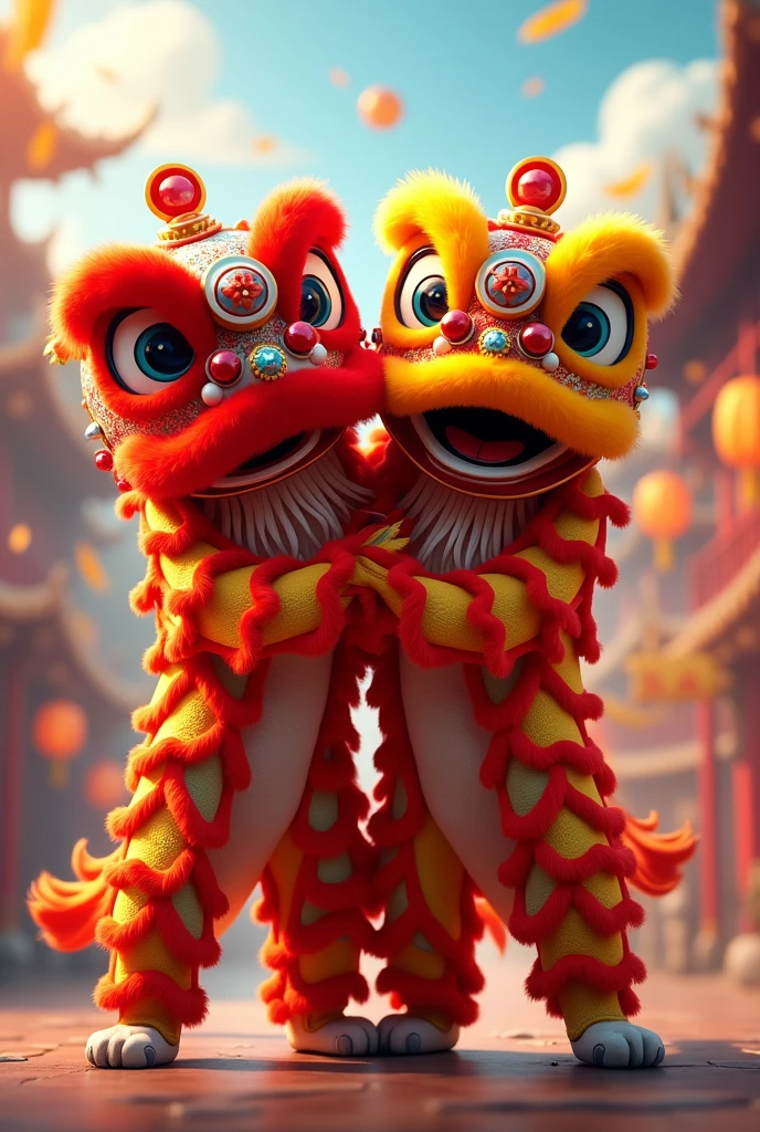 create,2 lion dances,A lion dance rides on another lion dance,Pierce it with its genitals,The lion being ridden shows a happy and cheerful expression