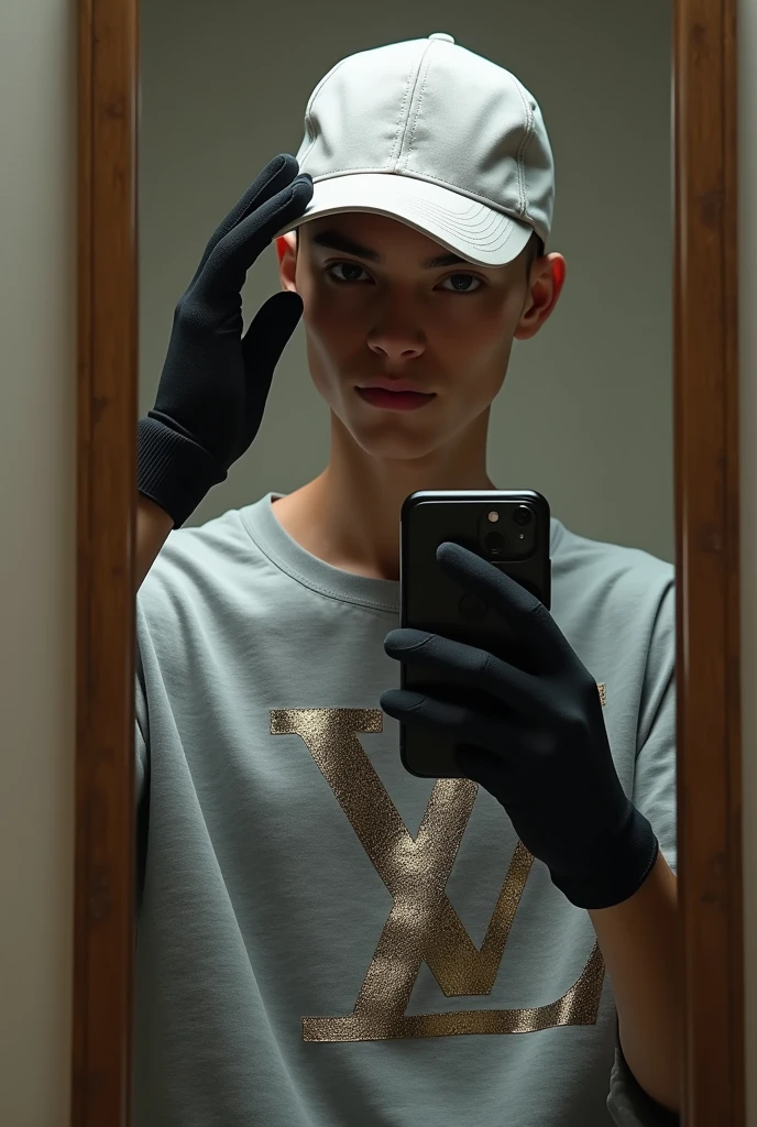 Create realistic image of a young man taking a selfie in the mirror, all white cap with curved brim, with black fingerless glove, with current, Louis Vuitton grey shirt with melted effect logo, shaved hair and fitted cap.