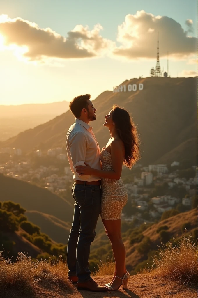 A girl and a guy underneath a HOLLYWOOD DREAMS sign