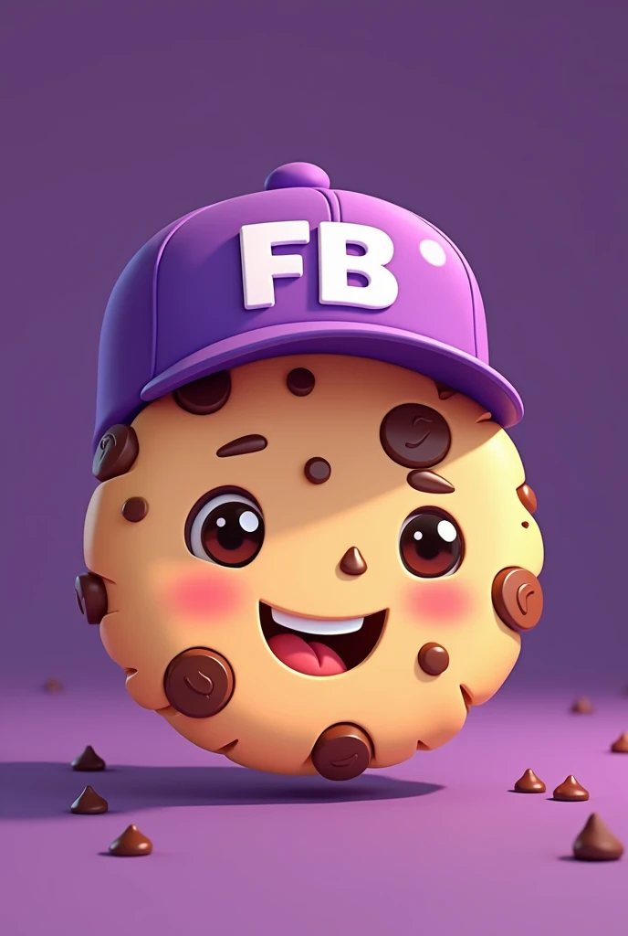 illustration type cookie that is happy, that has chocolate chips and has a purple cap that says FB in capital letters and the background is purple