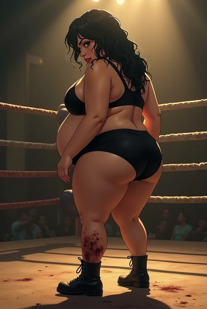 (anime:1.2), chubby obese asian woman, dirty stained body, gross, standing in wrestling ring, wearing gross dirty black underwear, sports bra, long curly hair, indoors, soft lighting, intense, back turned to camera pose, bending over, anime, , warm colors,