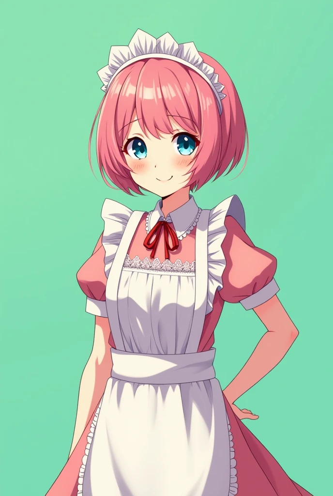 Maid cafe maid with short pink faded hair and blue eyes, age range between 18 and 26 years, with a sensual and happy expression, a completely 2D anime style design, with bright pastel colors on a completely flat, green background