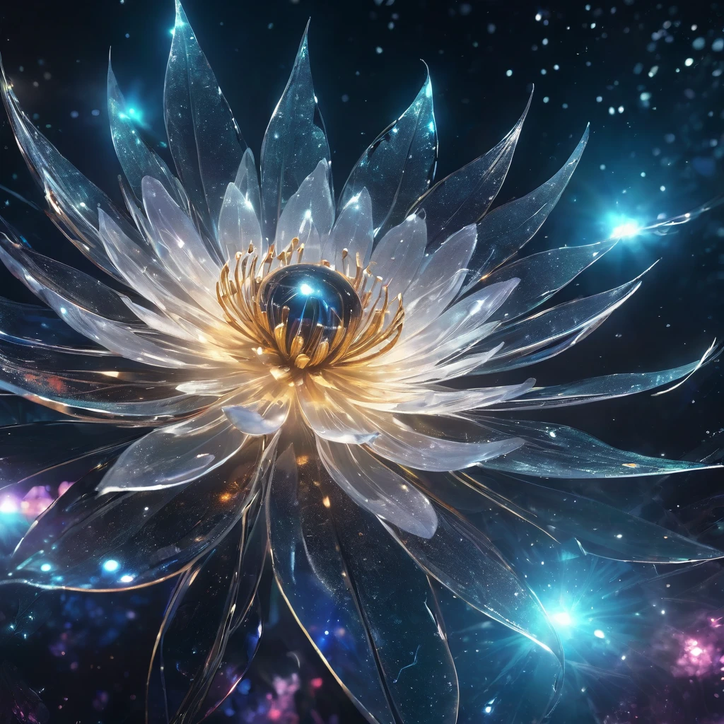 A close-up photo of a metal material flower，Doubleexposure，Floating in outer space，Starcloud，galaxias，（abstracted，dream magical：hyper realisitc：1.2）scenecy，universe background，with light glowing，Vivid colors，Sublime beauty，Ethereal atmosphere，crystal Textures，Shiny surface，reflection of starlight，glittering crystal petals，Delicate and intricate floral details，interplay of light and shadow，An interesting contrast to the darkness and vastness of the space，Surreal and mesmerizing composition，A strange and fascinating combination of nature and spirituality，Charming and mysterious atmosphere，Tranquility and peaceful atmosphere。（best qualtiy，4k，8k，tmasterpiece：1.2），super-fine，（realisticlying，photoreali，photoreali：1.37），