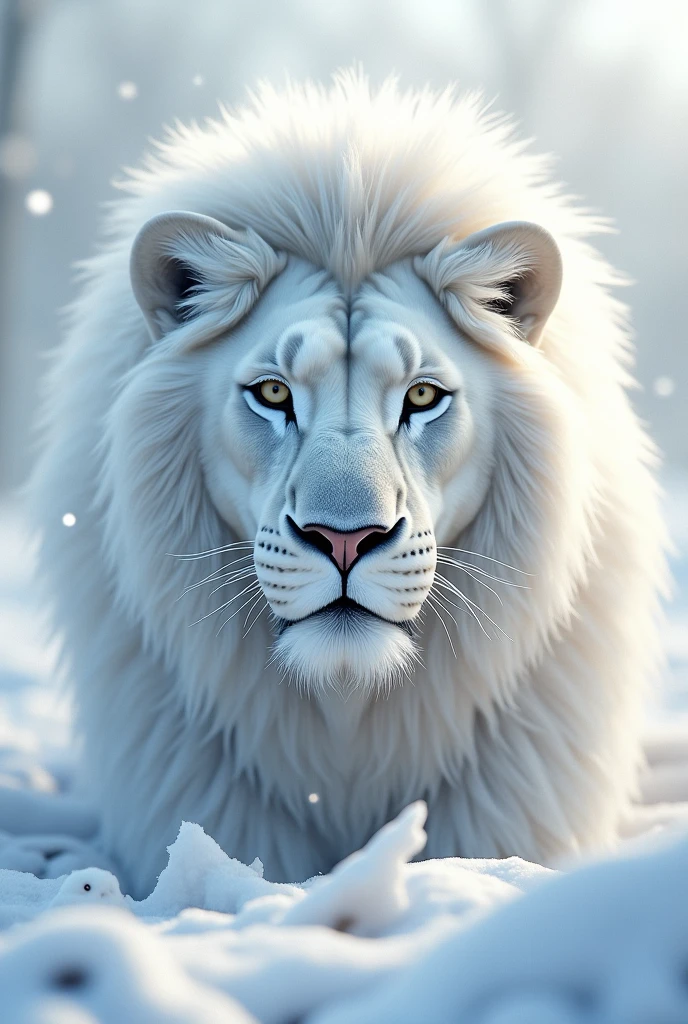 gere.an ultra realistic 8k 6d image of a white lion's face in the snow