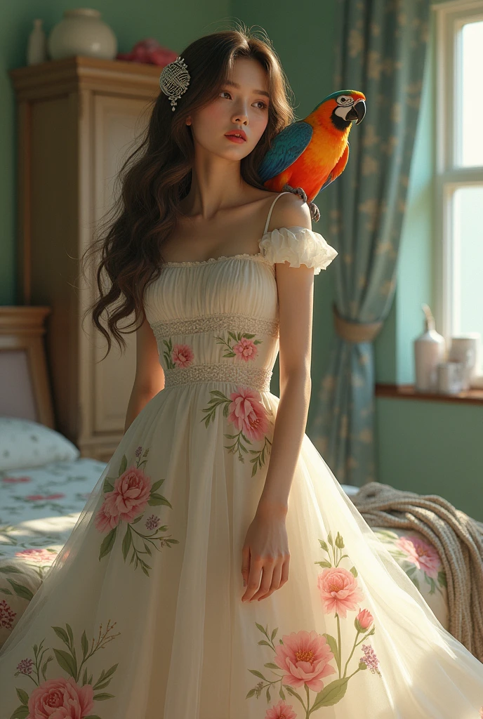 One in a flowery dress with a bed and wardrobe in the background with long wavy brown hair with a silver cage on the side and a large colorful bird that has the shadow of a  