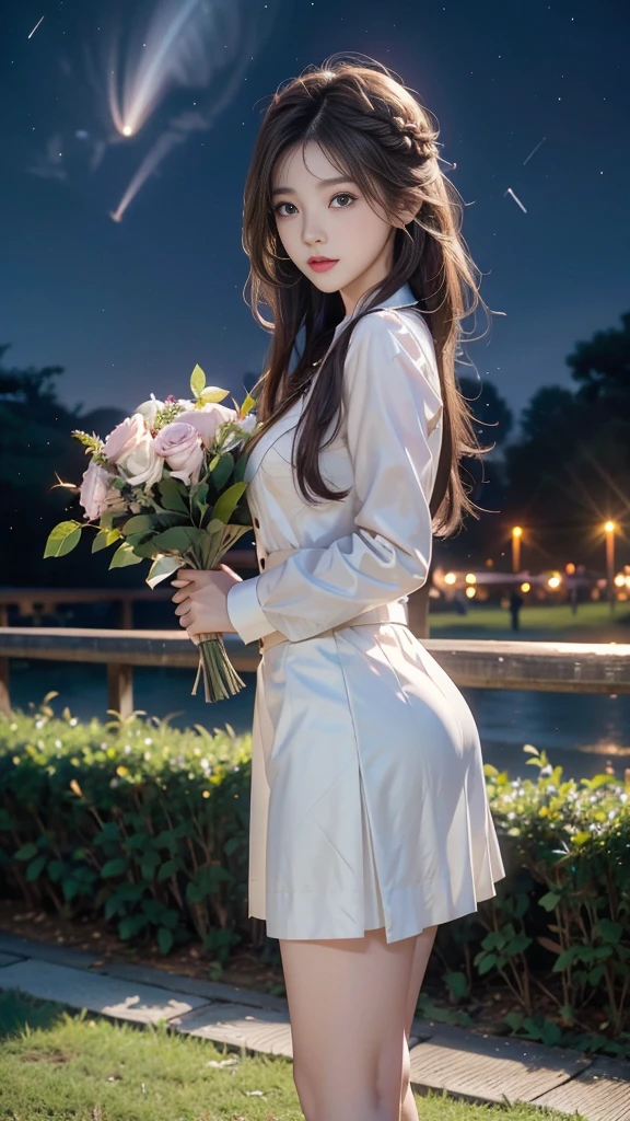 ulzzang-6500-v1.1, (RAW photo: 1.2), (Real photo), (Real photo: 1.4), 1 girl、Perfect anatomy、19 years old、Looking at the camera、Medium length hair、side braid, short white uniform skirt, holding a bouquet of roses at night, under the starry night sky, ((in the park: 1.1))、(Business service)、Asian eyes Ella,