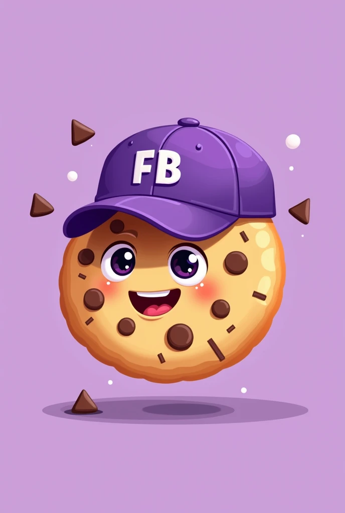 illustration type cookie that is happy, that has chocolate chips and has a purple cap that says FB in capital letters and the background is plain purple