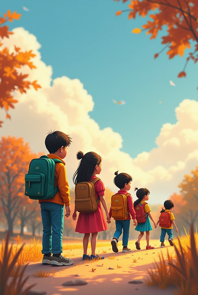 Stages of life, everyone with backpacks on their backs, pixar drawing