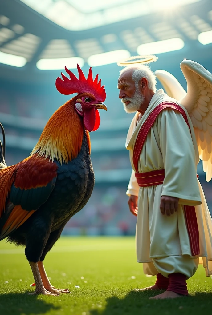 a strong and avenging rooster with a black and white striped rocker shirt faces an old man who is wearing white clothes with red details and an angel ring on his head on the stadium lawn.