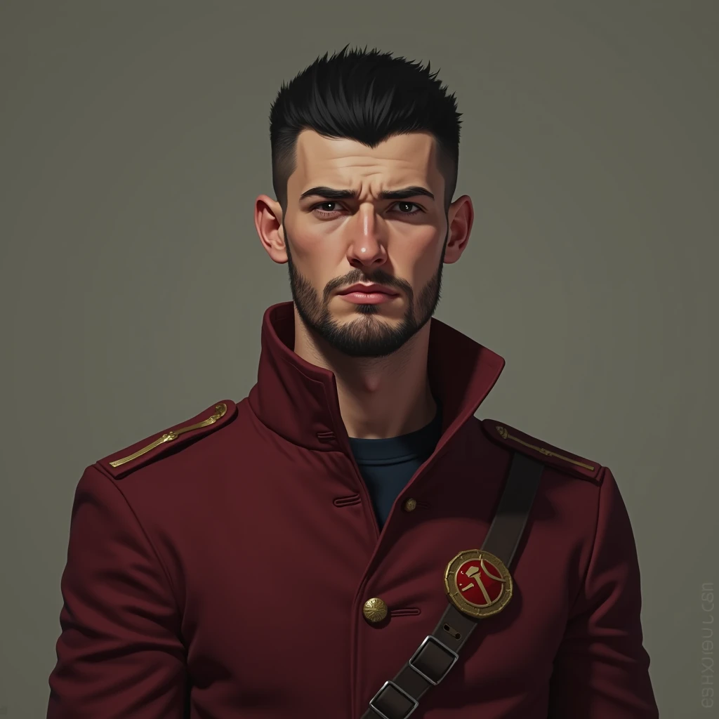 portrait, man, black shield and hair, short haircut, unshaven man, man has a small beard, man is 25 years old, communist, in a jacket, burgundy jacket, small badge, badge with a red star, Slavic appearance