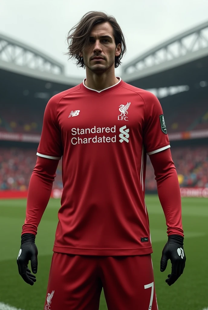 Liverpool male player named Ramsay who wears number 70, long sleeves and black gloves, She also has wavy hair and eyebrow-length bangs.