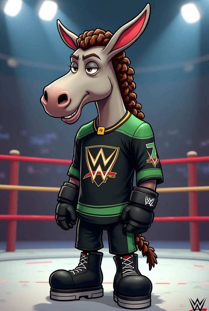 cartoon donkey dressed like WWE wrestler road dog Jesse james, brown braided dreadlocks, head shaved on the sides, black hockey jersey, green highlights, black pants, black boots, white taped wrists