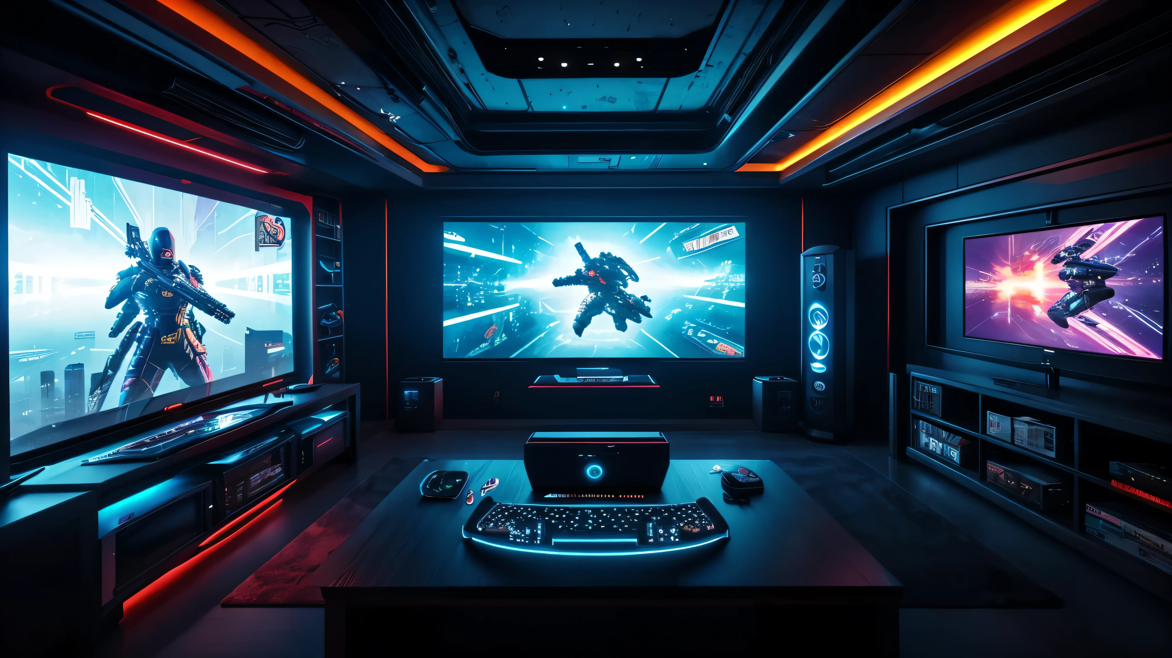 scifi, cyberpunk, futuristic, gaming room, hightech, daylight, cozy, much space, wide angle, a lot of tech, ambient light, year 2124, cinematic