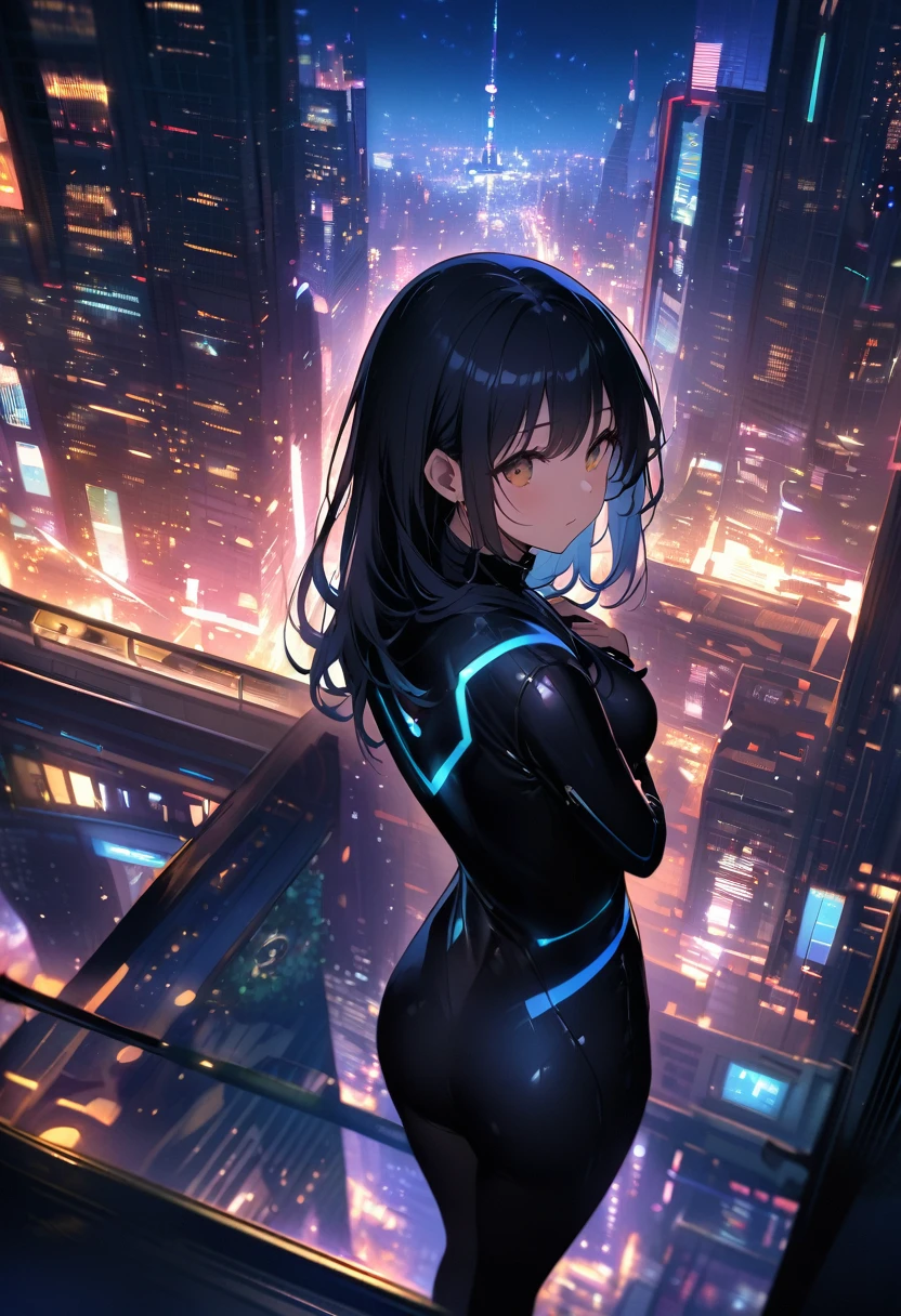 Highest quality、High resolution、Detailed Background、Beautiful women in their 20s、Perfect body line、Rubber Suit、
(A woman is seen from behind looking at a futuristic city before dawn from the top of a tall building:1.5)、
Back view of a woman standing on the roof of a skyscraper、His tight black suit gleamed in the moonlight.、
While the city lights quietly glow、A woman folds her arms in front of her chest、Looking towards the city of the future、
In the pre-dawn sky、The stars still shine faintly、
It's as if I feel like I'm here, away from the hustle and bustle of the city.、
The cityscape and the woman gazing at it create a tranquil space.、
The combination of artificial and natural light creates a beautiful sense of time passing.