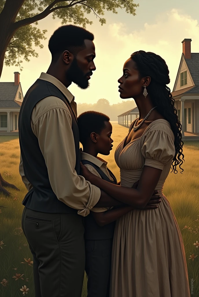 Make images of this story in the 19th century - Here is the story "Desiree's Baby" de Kate Chopin, A woman with a baby in white clothes is sitting in front of the house while the slaves leave their posts. At that moment, the husband, very angry, leaves the house and tells her to come inside the house too.