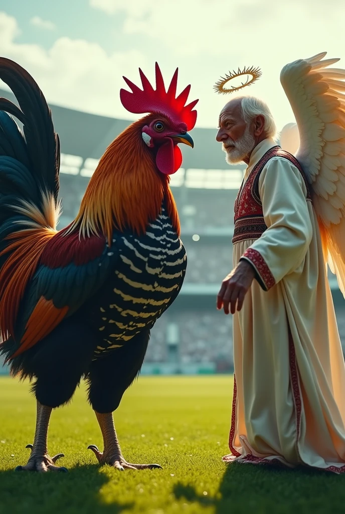 a strong and avenging rooster with a black and white striped rocker shirt faces an old man who is wearing white clothes with red details and an angel ring on his head on the stadium lawn.