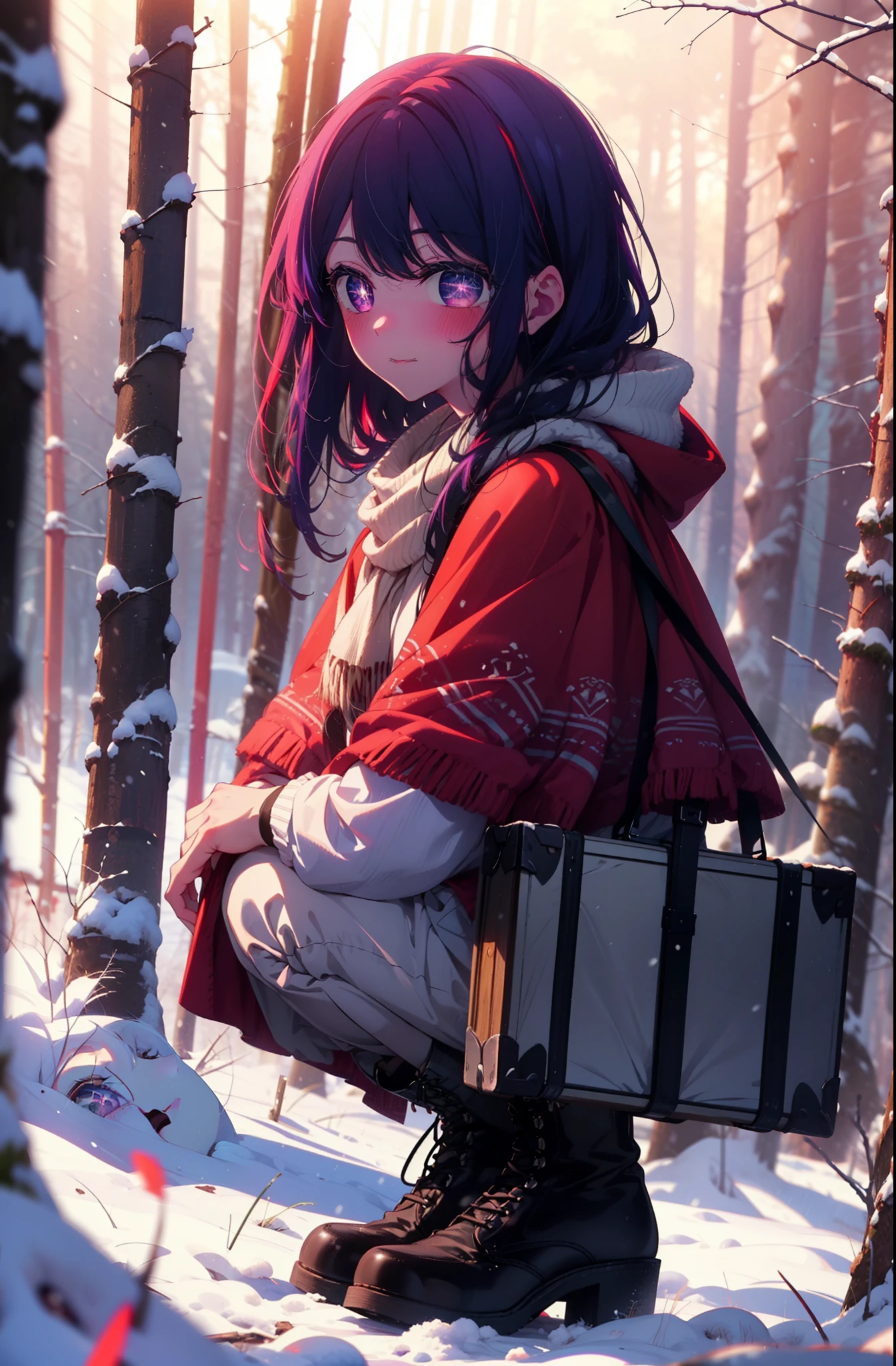 aihoshino, Ai Hoshino, Long Hair, bangs, (Purple eyes:1.1), Purple Hair, (Symbol-shaped pupil:1.5), smile,,smile,blush,white breath,
Open your mouth,snow,Ground bonfire, Outdoor, boots, snowing, From the side, wood, suitcase, Cape, Blurred, , forest, White handbag, nature,  Squat, Mouth closed, Cape, winter, Written boundary depth, Black shoes, red Cape break looking at viewer, Upper Body, whole body, break Outdoor, forest, nature, break (masterpiece:1.2), Highest quality, High resolution, unity 8k wallpaper, (shape:0.8), (Beautiful and beautiful eyes:1.6), Highly detailed face, Perfect lighting, Extremely detailed CG, (Perfect hands, Perfect Anatomy),