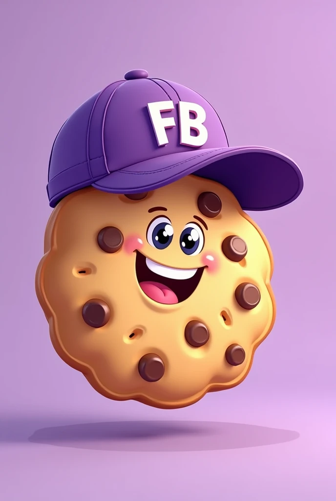 illustration type cookie that is happy, that has chocolate chips and has a purple cap that says FB in capital letters and the background is plain purple 
