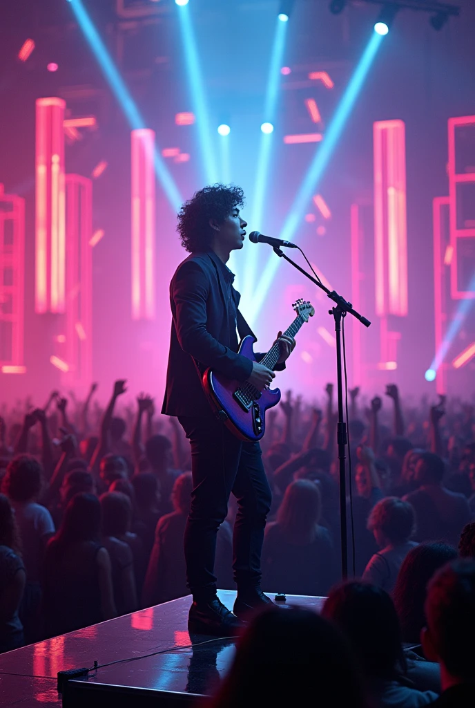 a charismatic Korean jazz guitarist with curly hair performing on a big stage, thousands of fans, neon lights, digital art