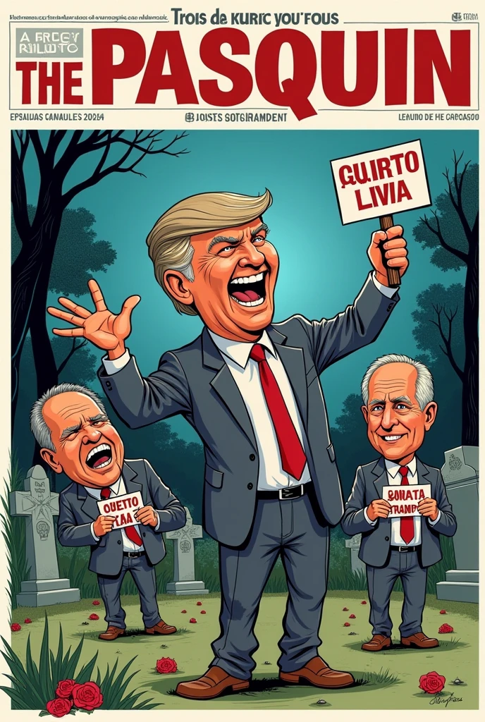 Make a Newspaper Cover with Title: The Pasquin, and the subtitle:“The Return of the Living Dead”: Politicians Who Never Die!” in Brazil Cover Illustration: A cartoon of politicians rising from graves labeled with corruption scandals like “Mensalão”, “Petrolão” and “CPI of NGOs”, everyone with smiles and holding “Reelection 2024” signs.

EVERYTHING IN PORTUGUESE MAKE THE IMAGE IN PORTUGUESE 