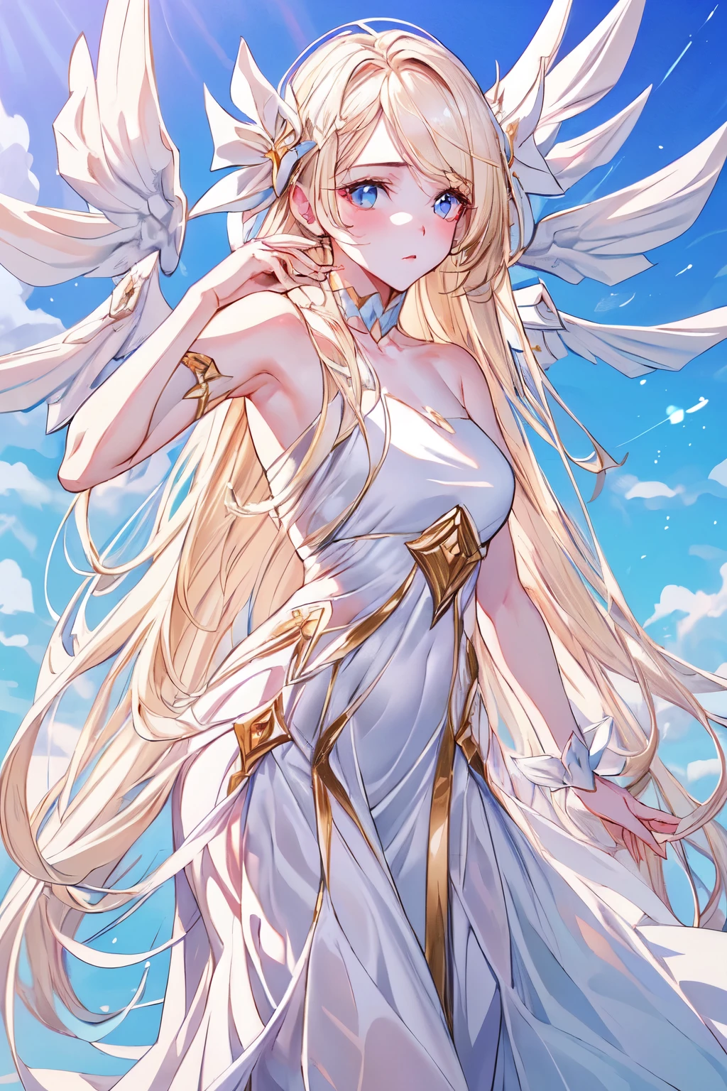 angel wings, (((white angel woman, delicated pose, detailed face, pale skin, long blonde hair))), gorgeous anime angel , gwen from league of legends, gorgeous white and pink sensual gala dress, sensual pose, (((blue sky background, gorgeous sky background)))