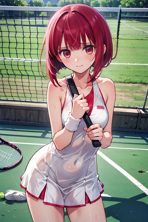 benchに座りtowelでSweatを拭く女性,1girl,Arima Kana,red hair,Bob Hair,Red Eye,Tennis court,Tennis Wear,tennis racket,smile,Sweat,towel,bench