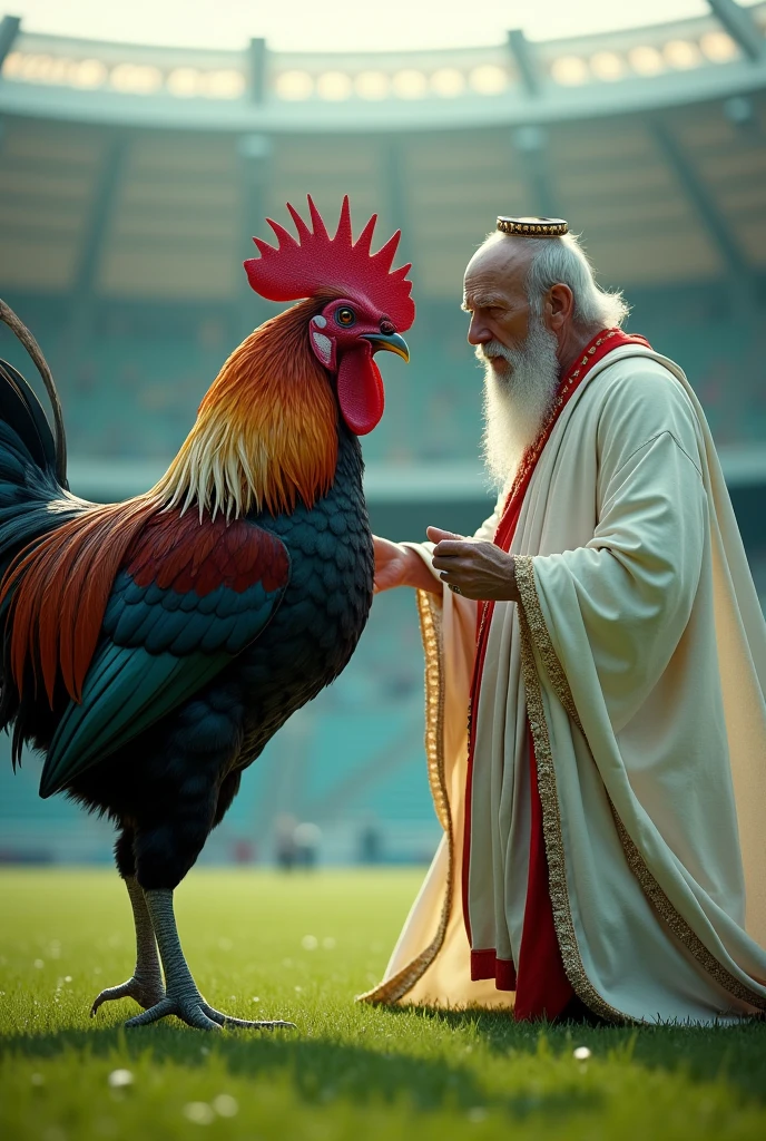 a strong and avenging rooster with a black and white striped rocker shirt faces an old man who is wearing white clothes with red details and an ring on his head on the stadium lawn.