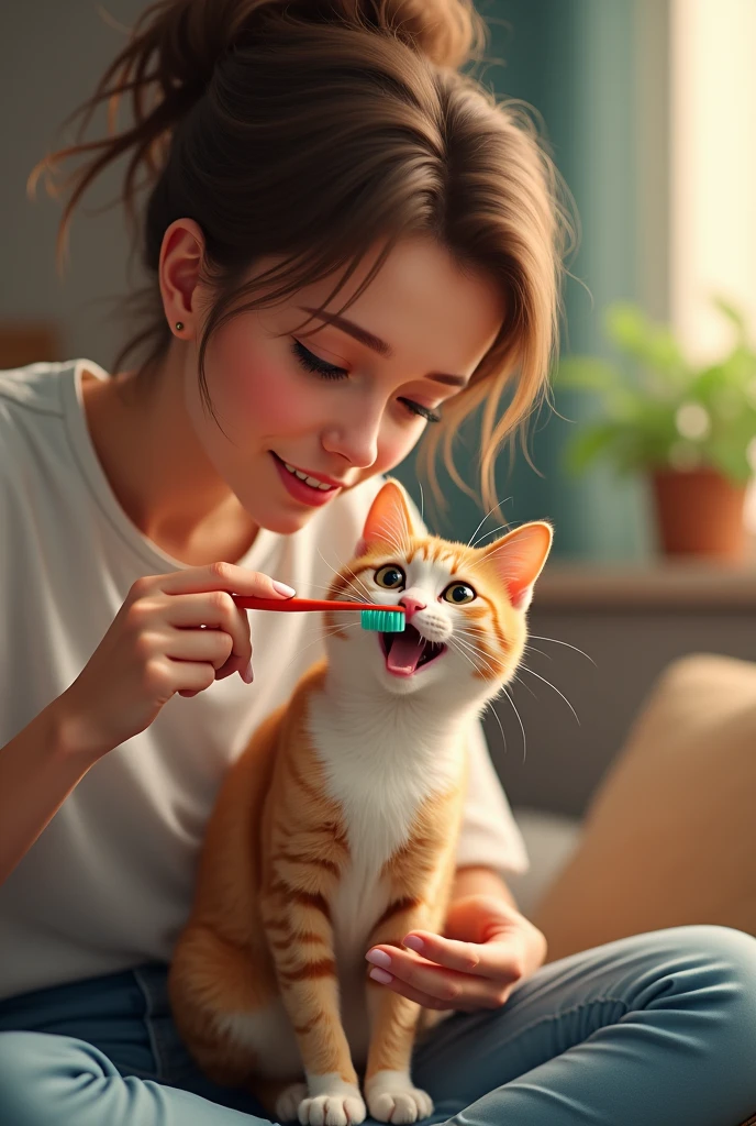 A person brushing her cat's teeth with a toothbrush. 