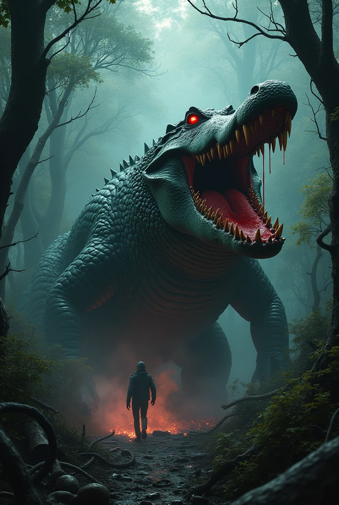 Scary ferocious and giant crocodile in scary forest with demonic appearance devouring a person. 