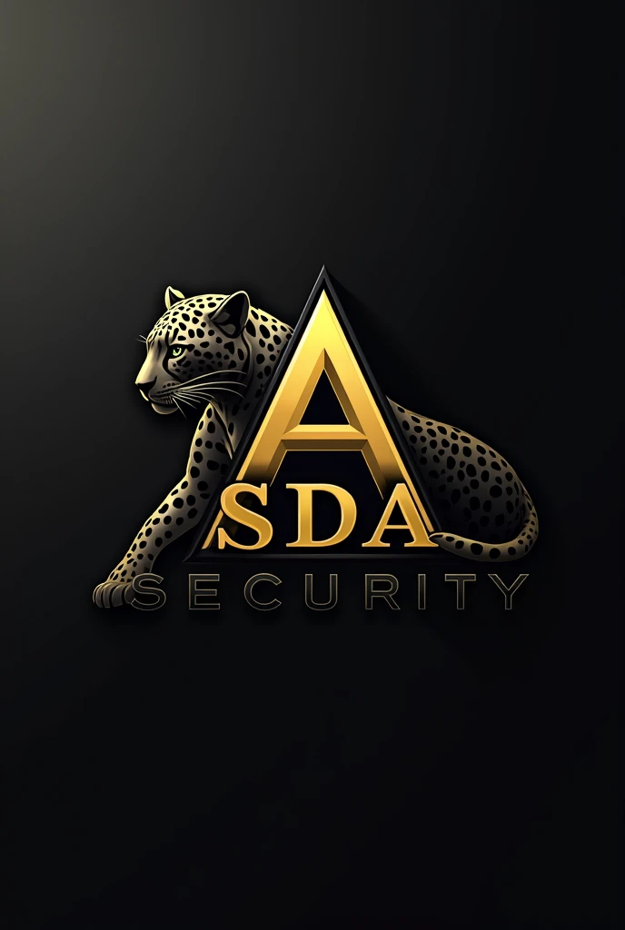 A logo for a security company (SDA Security) There should be a sign with the colors black and gold and under the sign should be SDA Security and in the sign only the letters A and around the sign the animal Jaguar 