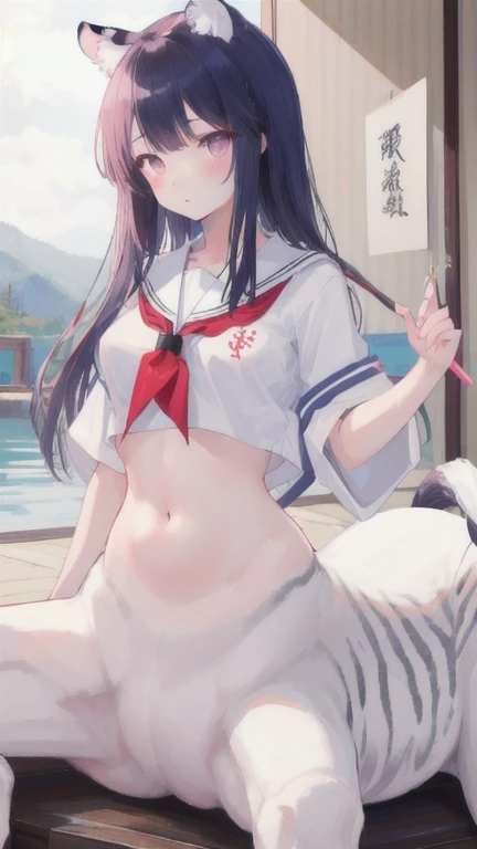 (best quality, masterpiece), 1 girl, centaur, I beg, White skin, Japanese schoolgirl,daughter,black pink, exposing the abdomen, belly button t-shirt , beautiful girl perfect, White tiger photo, 완벽한 White tiger photo