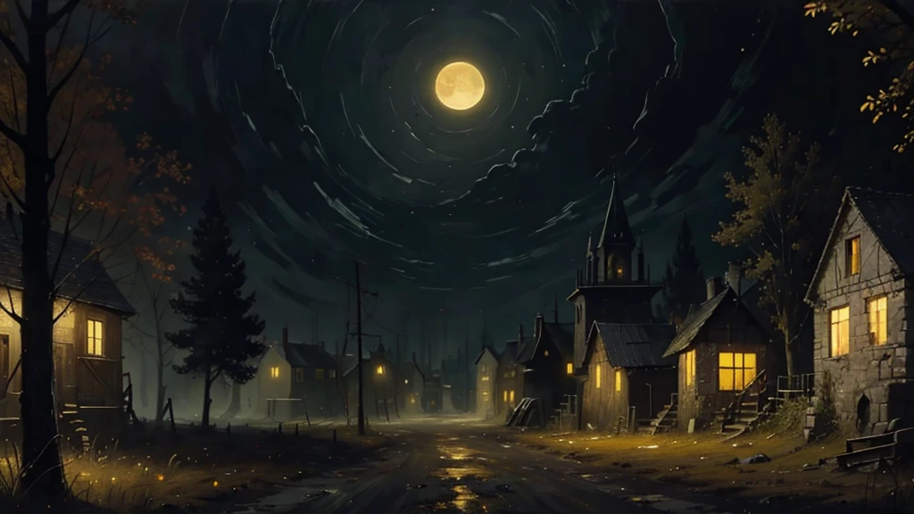 painting of an abandoned medieval European town, peasant village, depressing scene, dark, sun directly above a dark sky, black sky, bright yellow ball sun in top middle, no illumination, low visibility, crude painting, paint smudges over scene, dark land, eerie, dead land, horizontal symmetry, empty sky, no clouds, charcoal black, tall overhead shot, wide shot, ruined landscape, extremely dreary, dull, low saturation, zero cloud cover, sun directly above scene, haunted, dead scene, symmetrical, old village houses on either side, scene set in middle of gravel road, very large scene, zoomed out shot, fish eye lens, dead yellow land, haunted trees, classic painting, renaissance era painting, Van Gogh influence, very eerie, very black foggy, ZERO LIGHTS, turn off all lights