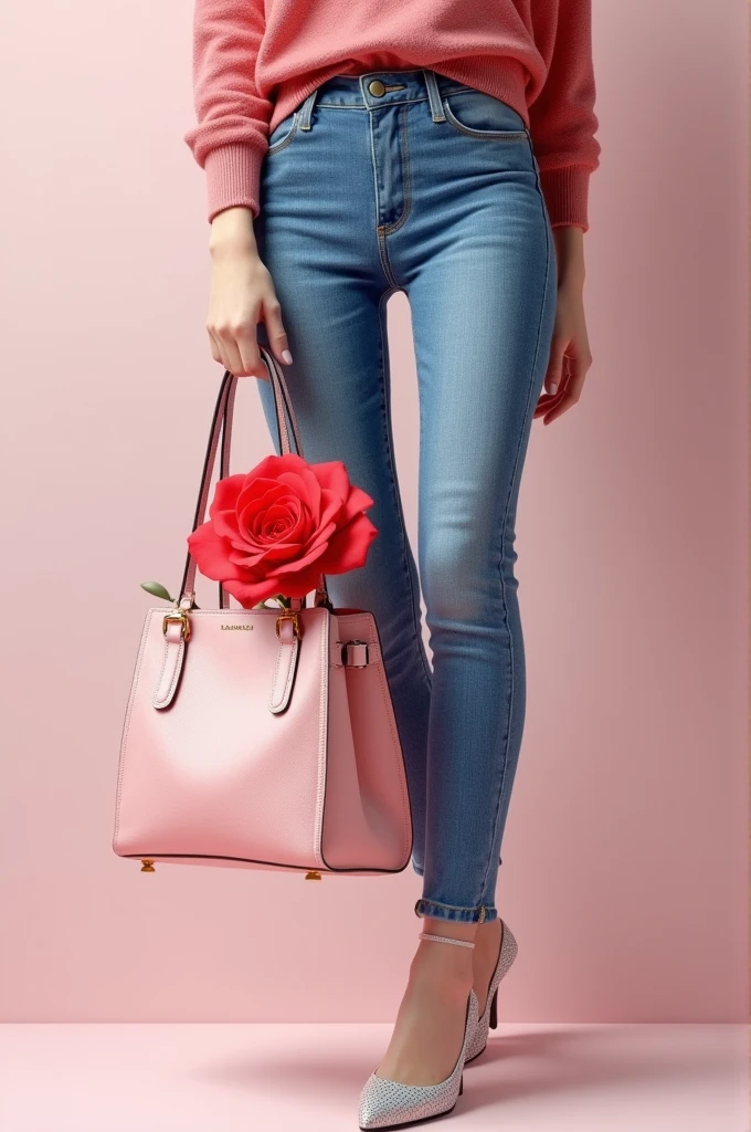 Women's jeans with a rose in a 3D effect bag in the same color as the pants