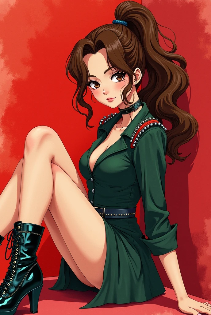 4K Portrait, watercolor,, Lita Kino of Sailor Jupiter, Wavy brown hair tied back in a high ponytail, sharp and beautiful face, with dark green dress, shoulder, arm, Punk style fashion, Punk style booties, exquisite image. sitting, Red background, Lights and shadows.