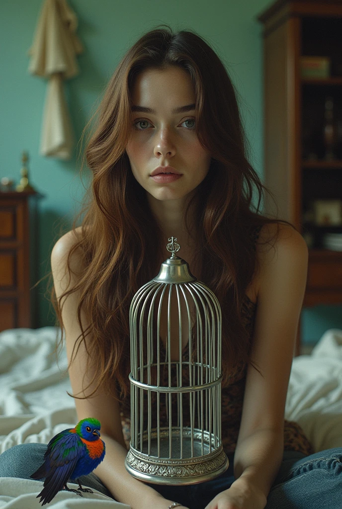 One with a bed and a wardrobe in the background with long wavy brown hair with a shiny silver cage on the side and a large colorful bird that has the shadow of a man 