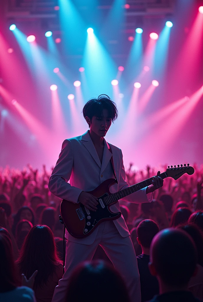 a charismatic Korean jazz guitarist with two block hair performing on a big stage, thousands of fans, neon lights, digital art